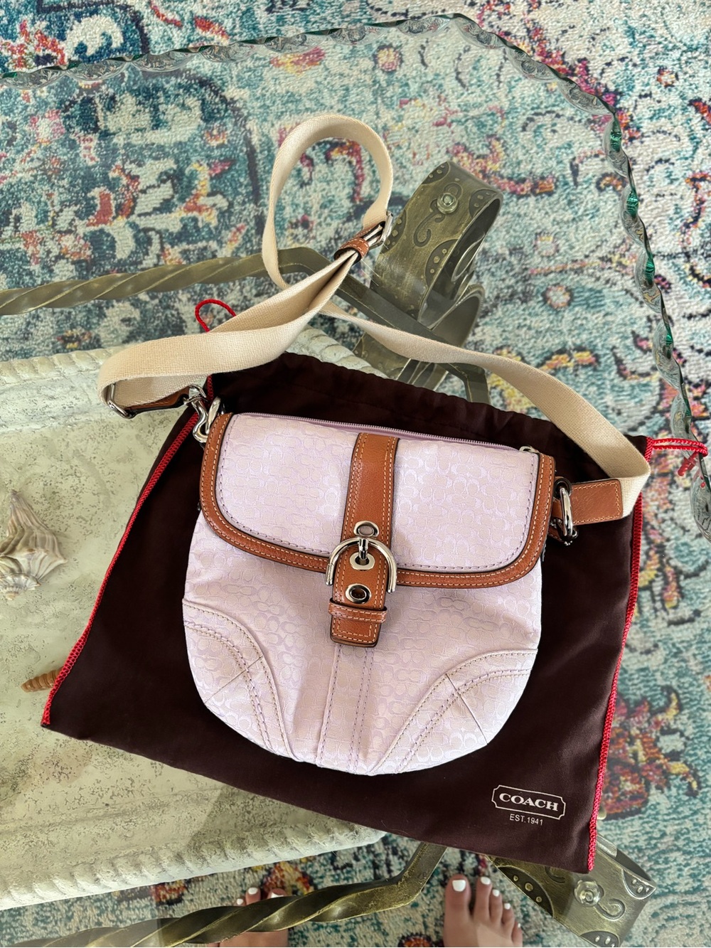 Coach Pink Signature Crossbody with Brown Leather Trim